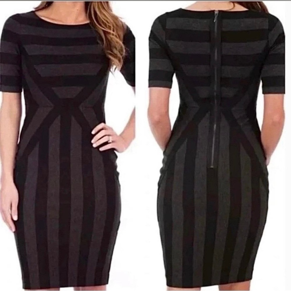 Maeve Anthropologie Black Grey Striped bodycon Sheath Dress Short Sleeve Size 4